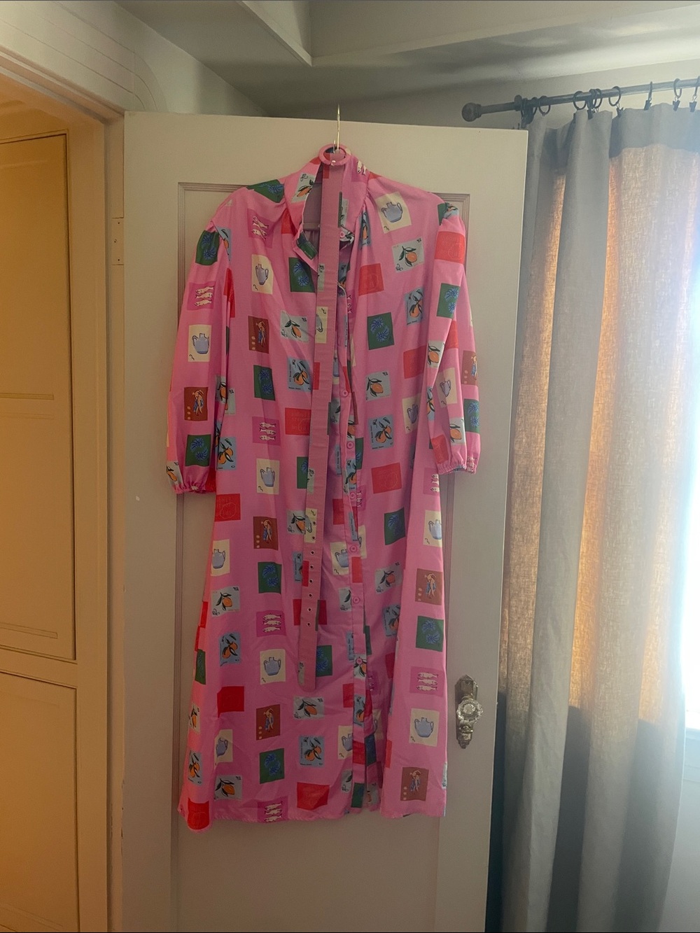 Pink Patterned Midi Dress with Tie Neck